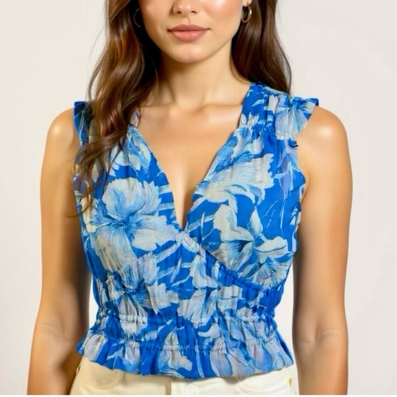 Steve Madden Blue Floral Smocked Crop Top Sleeveless Ruched Blouse Size XS - Picture 1 of 10